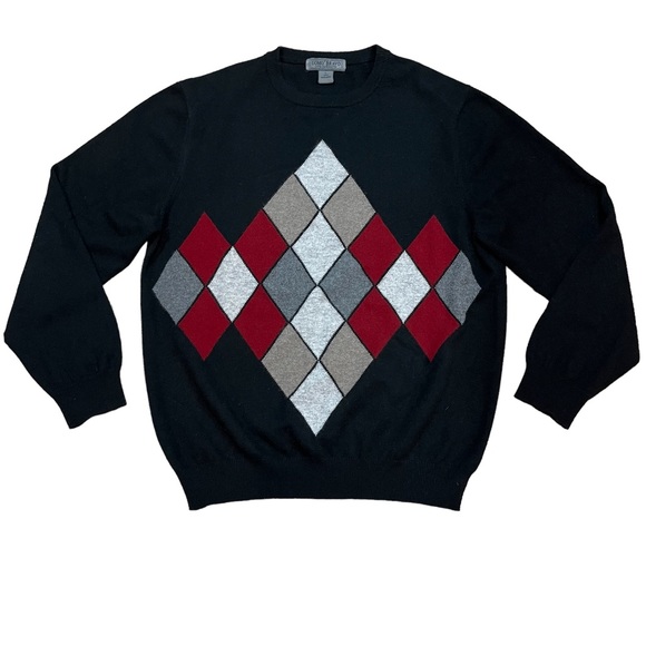 Men’s Uomo Bravo Cashmere Sweater Black Argyle Crew Neck Long Sleeve Pullover - Picture 7 of 11